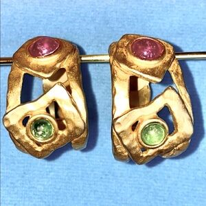 Brushed GOLD Pink & Green Stones CLIP ON EARRINGS Hoops Brushed Gold